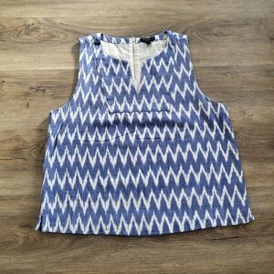J. CREW Tank Top Shell Notched Zig Zag Chevron Stripe Blue Print Size 12 Cotton